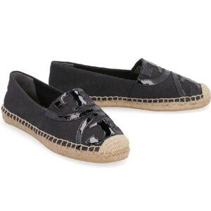 Tory Burch Poppy Espadrille Canvas Patent Leather in Black NWT
